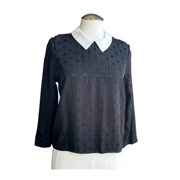 Women's Zara Black Polka Dot White Collared Blouse Zip Back Cropped‎ Top Medium - Picture 2 of 10